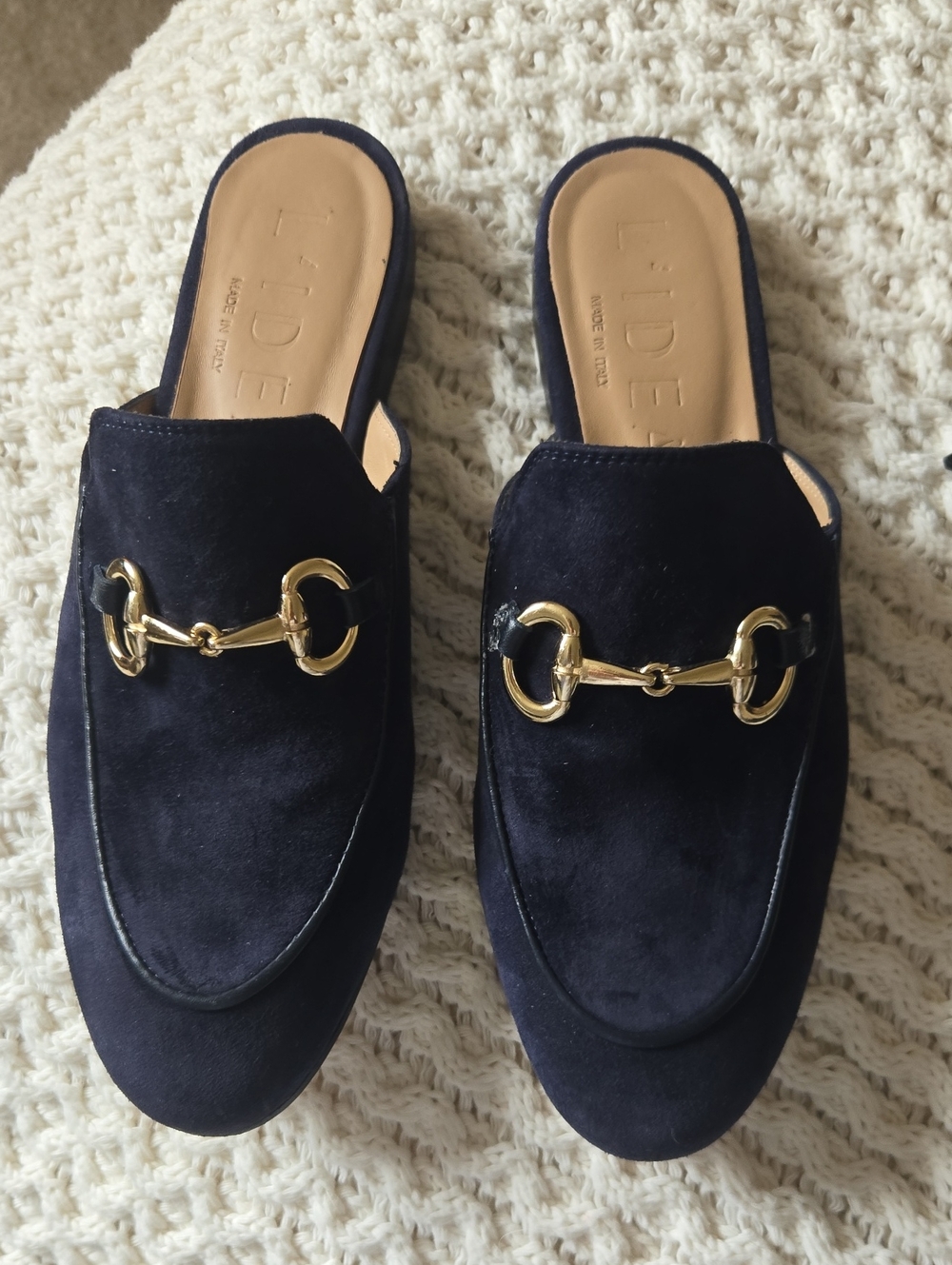 L'dea Suede Backless Loafers with Gold Bit Detail - Navy